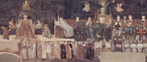 Амброджо Лоренцетти. «Аллегория доброго правления» фреска, деталь. 1337—1339 гг. Сиена, Палаццо Пубблико.