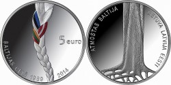 Латвия, 5 евро, «25-летие акции Балтийский путь»