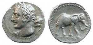 1 1/2 шекеля (221-218 гг. до н.э.), портрет на аверсе - скорее всего Ганнибал Барка