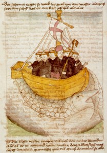 Один из эпизодов путешествия святого - на спине кита (немецкий манускрипт, XV в.)