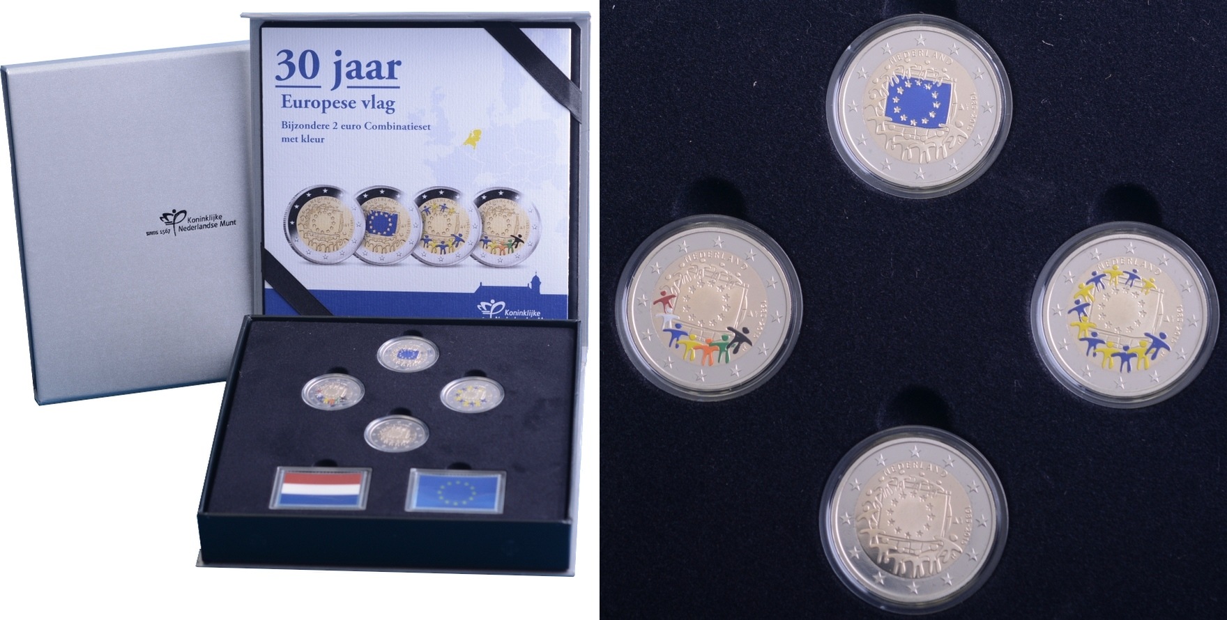 В состав голландского набора 2015 года вошли четыре монеты в качестве чеканки Proof. При этом три из них цветные (окраска разная). Кроме того, в набор входят два серебряных жетона, раскрашенных под цвета флагов Нидерландов и ЕС.