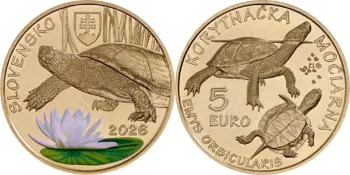 5 евро Словакии 2026. Европейская болотная черепаха Slovakia 2026. 5 euro. Emys orbicularis